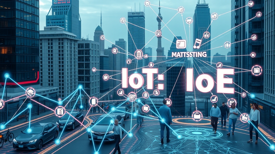 Mestská scéna, autá a ľudia s digitálnymi ikonami IoT a IoE okolo nich.