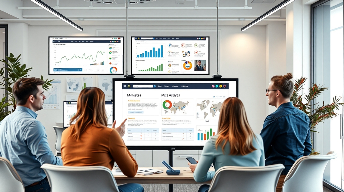 Skupina ľudí sleduje prezentáciu s grafmi a analýzami na obrazovkách.