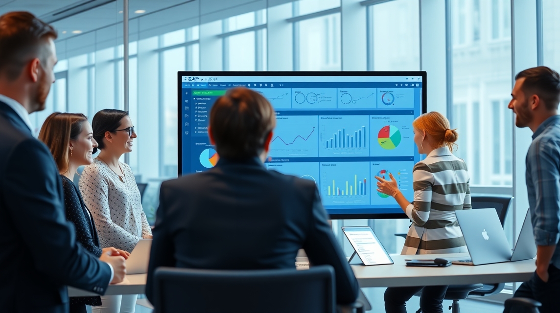 Skupina profesionálov diskutuje o dátach a grafikonoch prezentovaných na obrazovke.