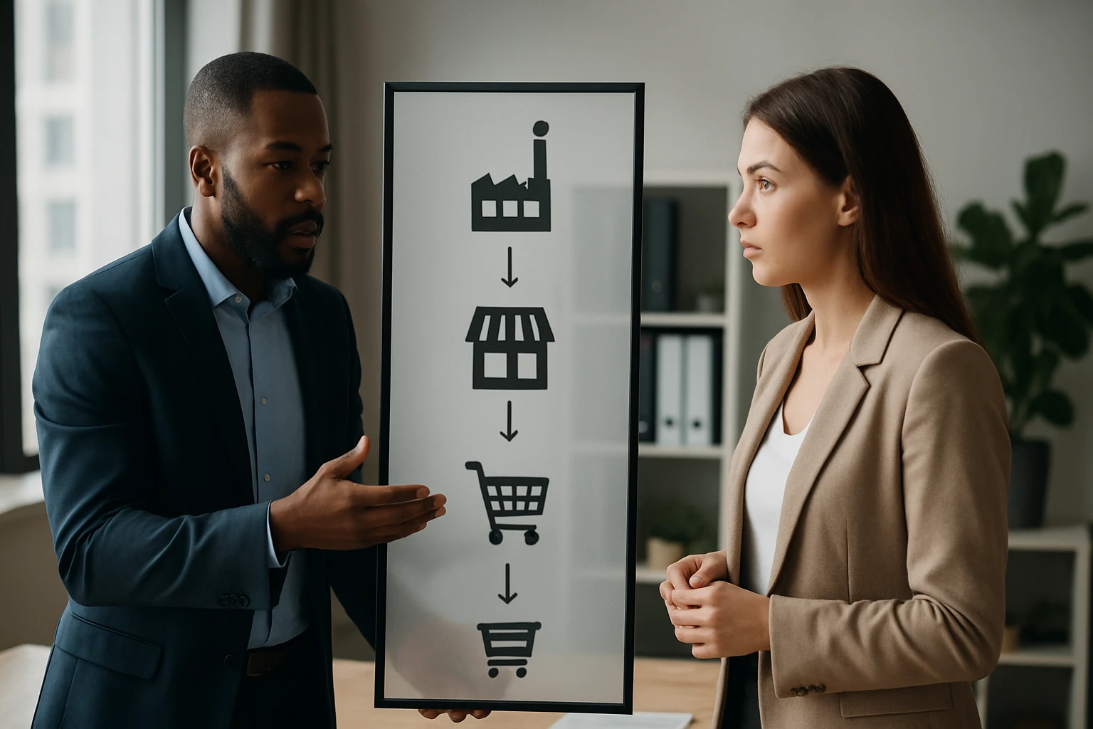 Muž prezentuje diagram dodávateľského reťazca žene v kancelárii.