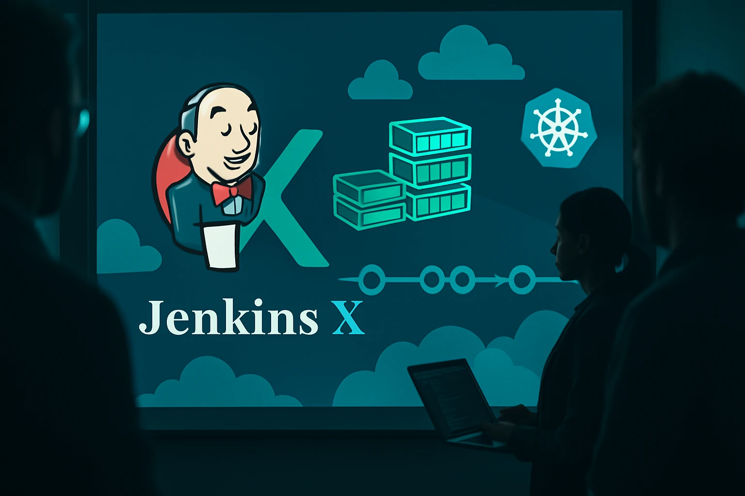 Osoba sledujúca prezentáciu o Jenkins X s logom a ikonami technológií.