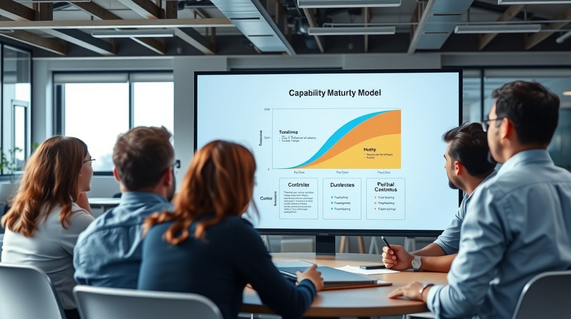 Skupina ľudí sleduje prezentáciu o modeli zrelosti schopností na obrazovke.