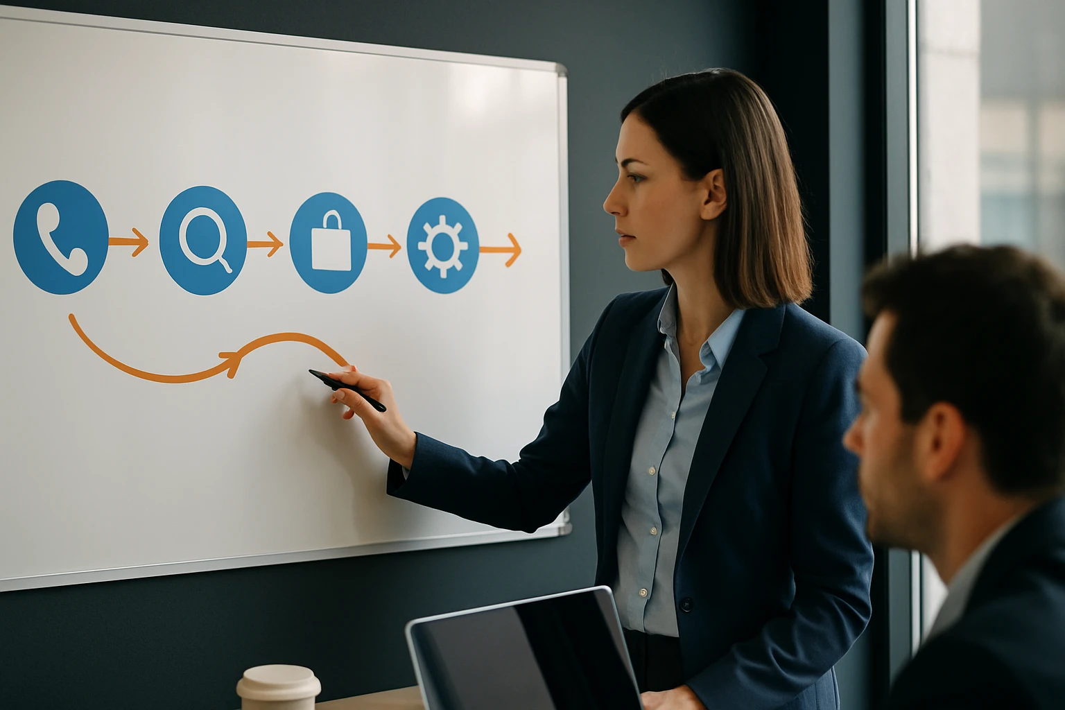 Žena prezentuje proces na bielej tabuli s ikonami a šípkou.
