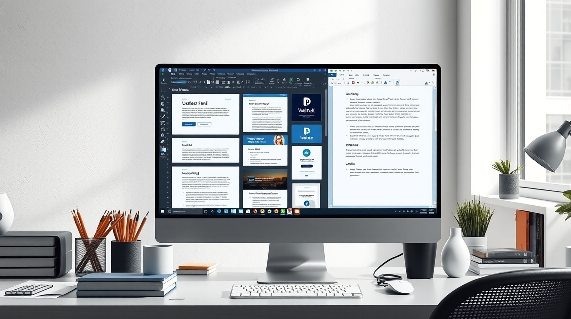 Na obrazovke počítača sú zobrazené rôzne dokumenty a prezentácie.