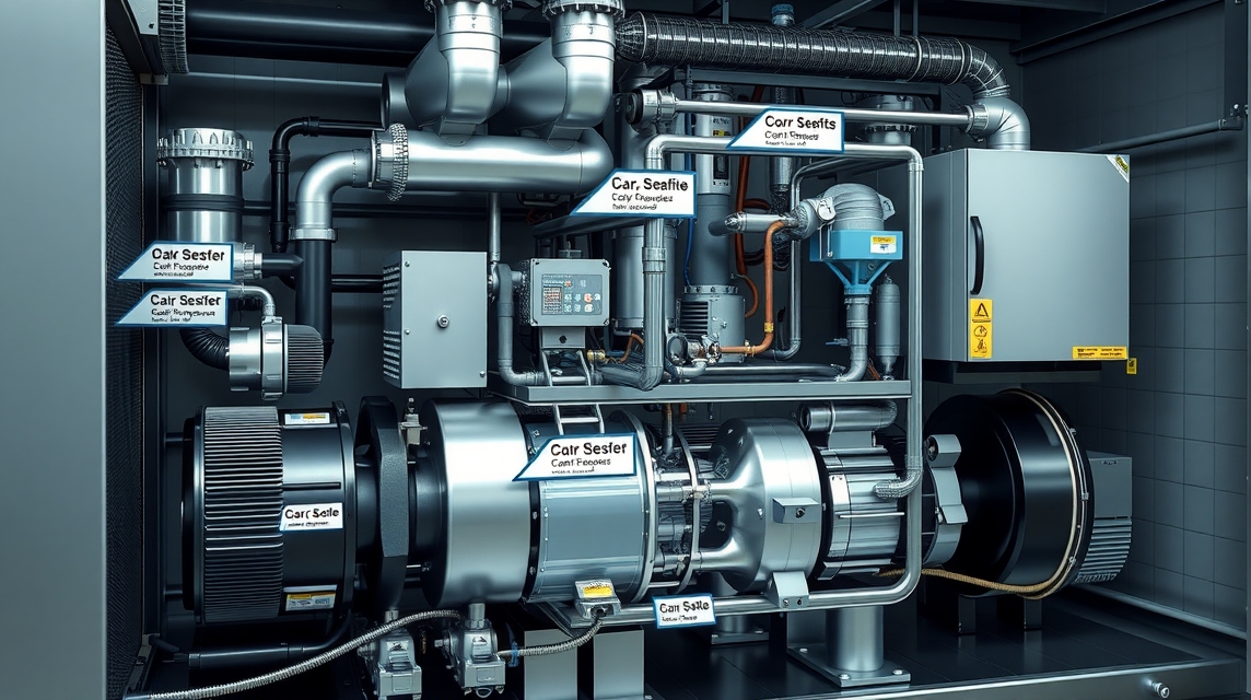 Detailný pohľad na priemyselný motor s označenými komponentmi a potrubím.