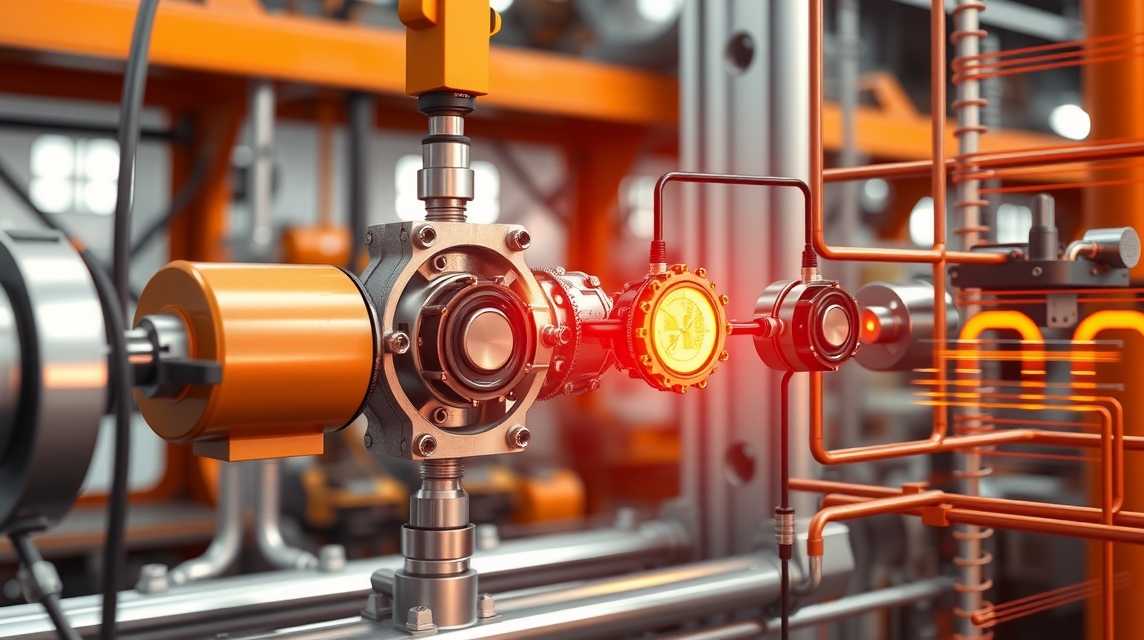 Detailný pohľad na priemyselný ventil a motor v továrenskom prostredí.