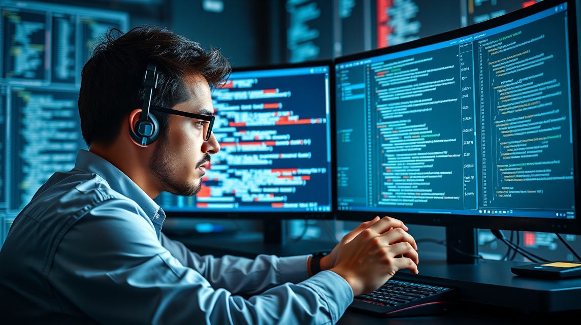 Mladý programátor dolgozik két monitor előtt, kódot írva.