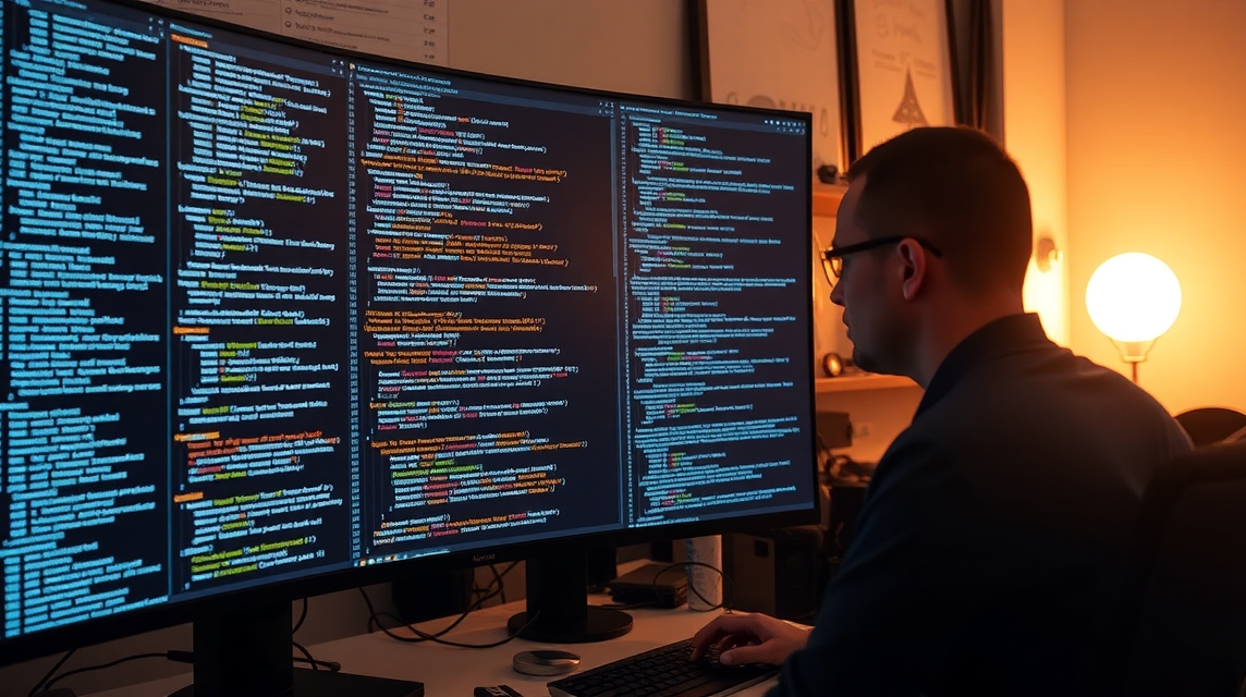 Programátor dolgozik, több monitoron kódot nézve, színes szintaxis kiemeléssel.