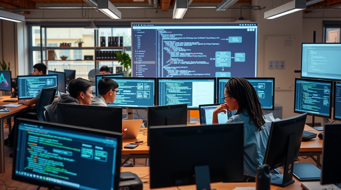 Skupina programátorov dolgozik számítógépeken egy modern irodában.