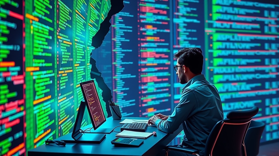 Muž sedí pred počítačom, obklopený obrazovkami s kódmi a dátami.