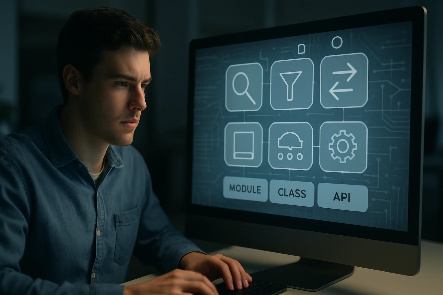 Mladý muž pracuje na počítači, zameraný na obrazovku s ikonami programovania.