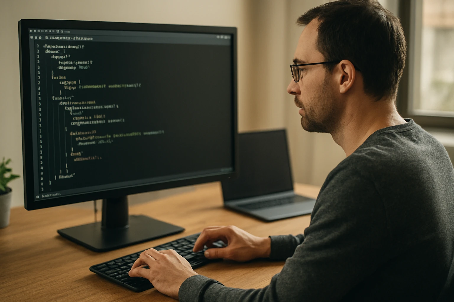 Muž programuje na počítači, kód zobrazený na monitore.