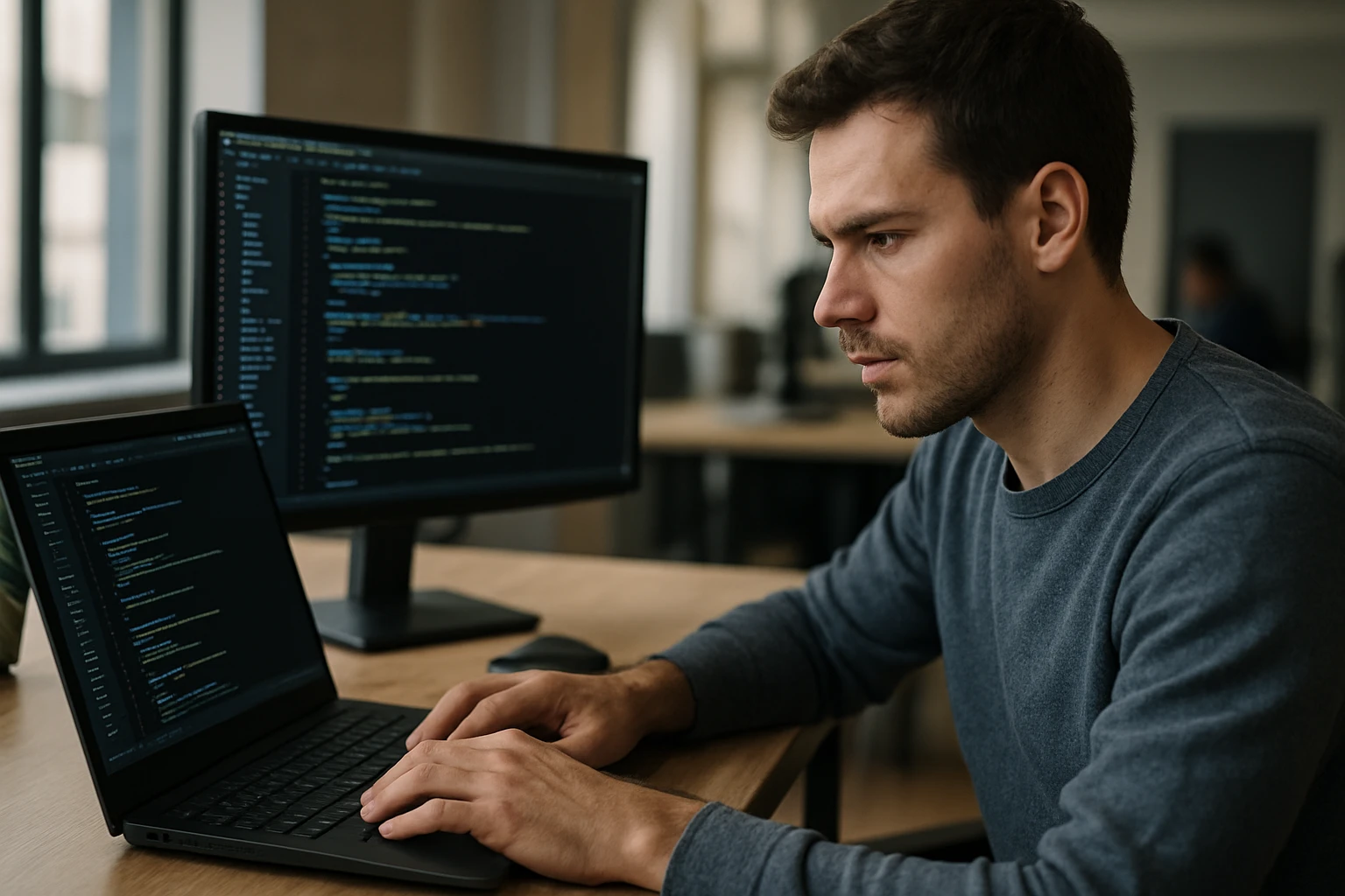 Mladý muž programuje a sústredene sleduje kód na dvoch obrazovkách.