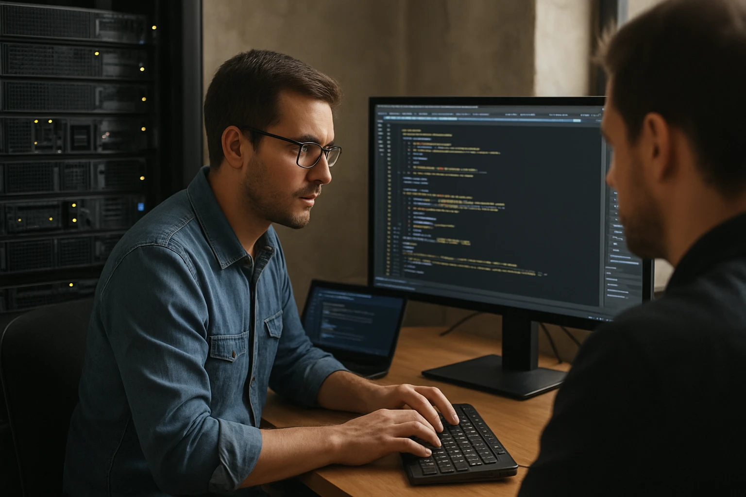 Mladý programátor pracuje a diskutuje s kolegom a kóduje na počítači.