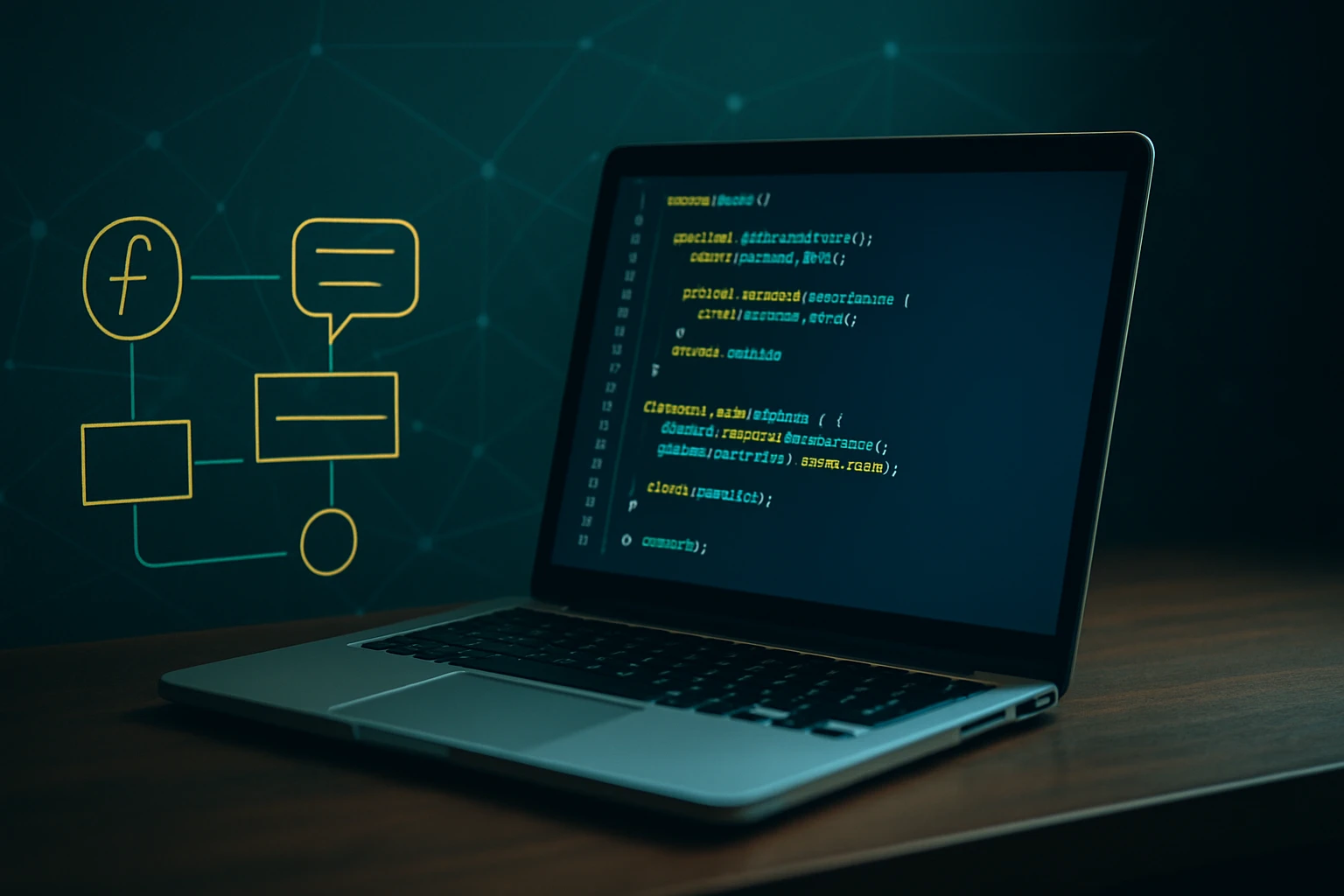 Na obrazovke laptopu je zobrazený kód a grafické prvky súvisiace s programovaním.
