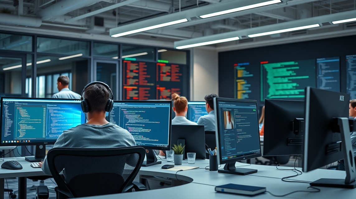 Programátori pracujúci na viacerých monitoroch v modernom kancelárskom prostredí.