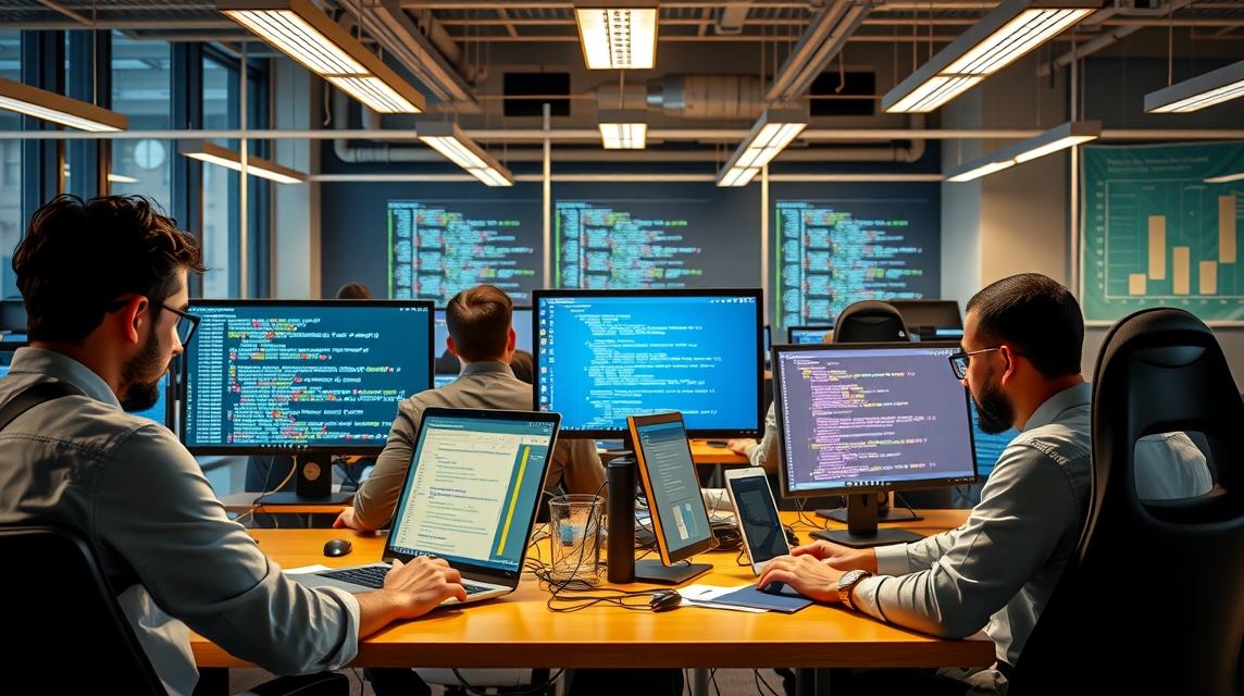 Programátori dolgoznak számítógépeken egy modern irodában, kódot írva.