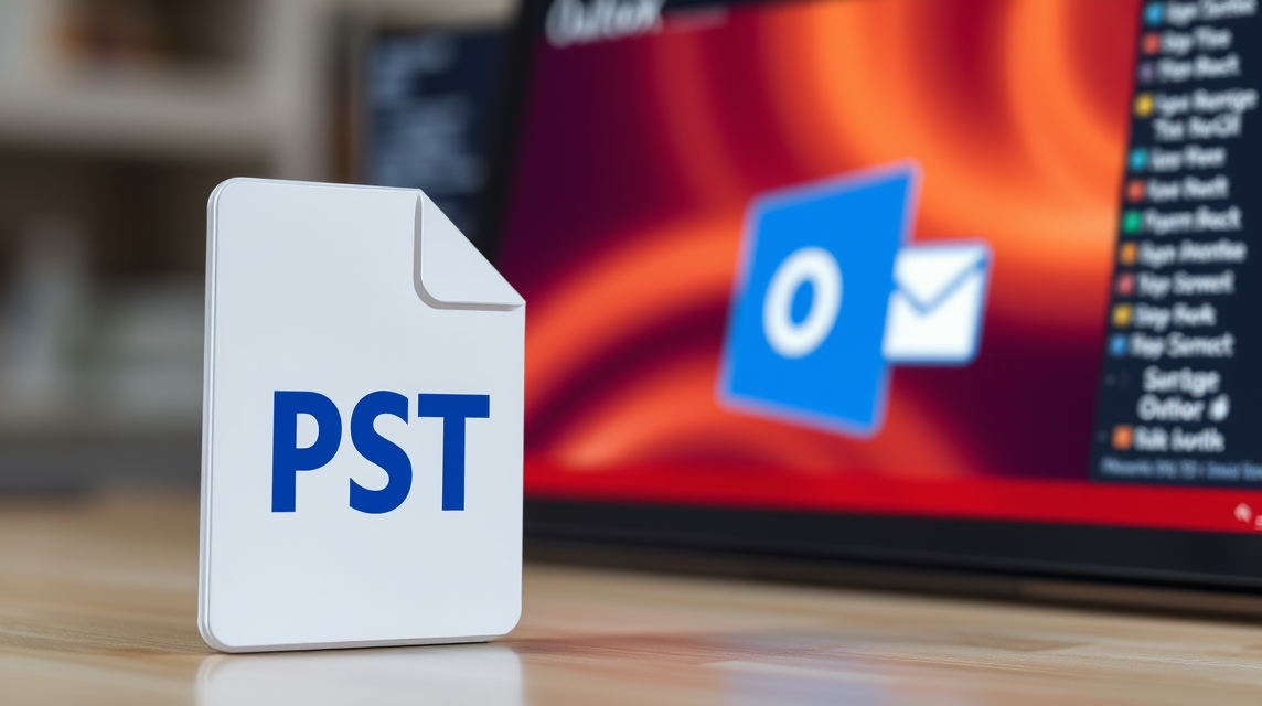Biely súbor s nápisom PST na drevenom stole pred obrazovkou s Outlookom.