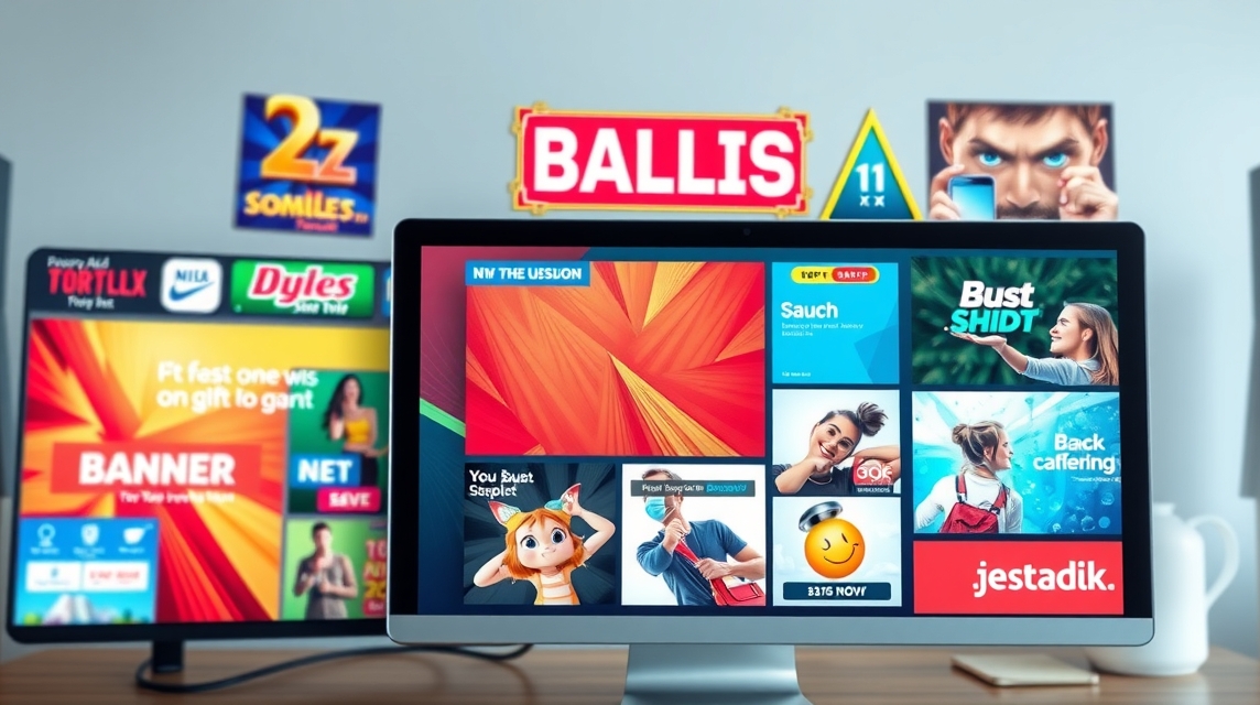 Počítačová obrazovka s rôznymi reklamnými bannerami a grafikou.