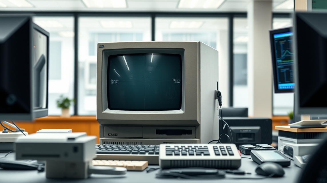 Starý počítač s CRT monitorom a klávesnicou na pracovnom stole.