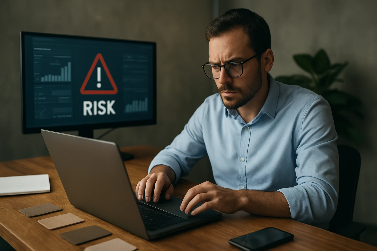 Muž pracuje na laptopu, za ním obrazovka s varovaním o riziku.