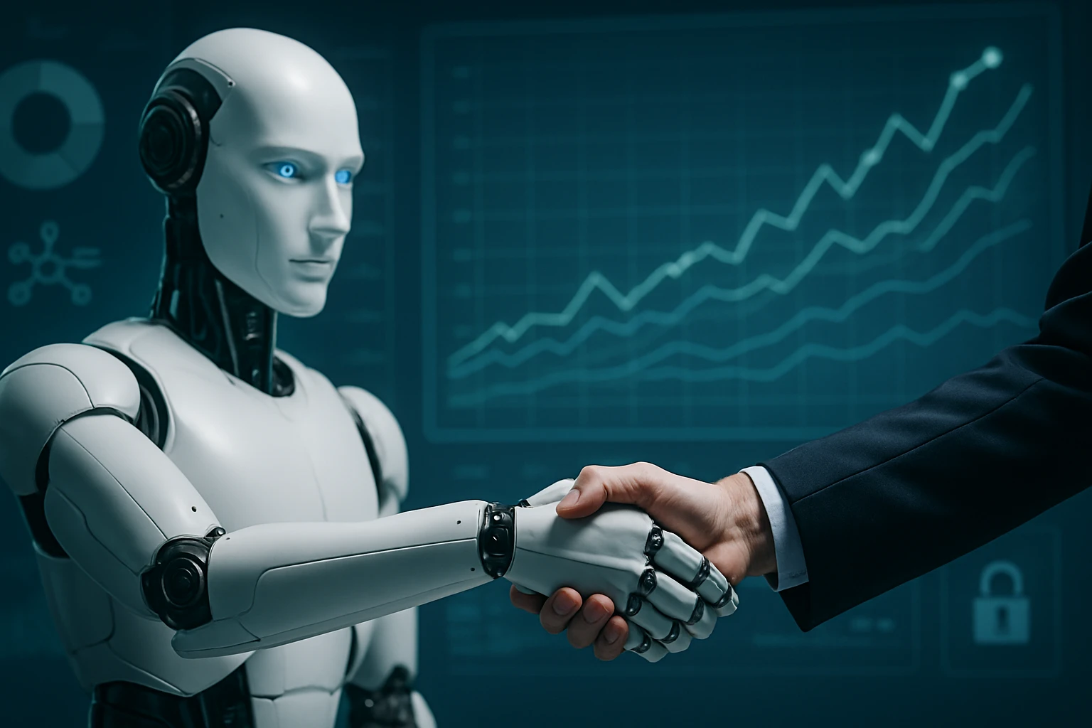 Robot a človek podávajú si ruku v modernom kancelárskom prostredí.