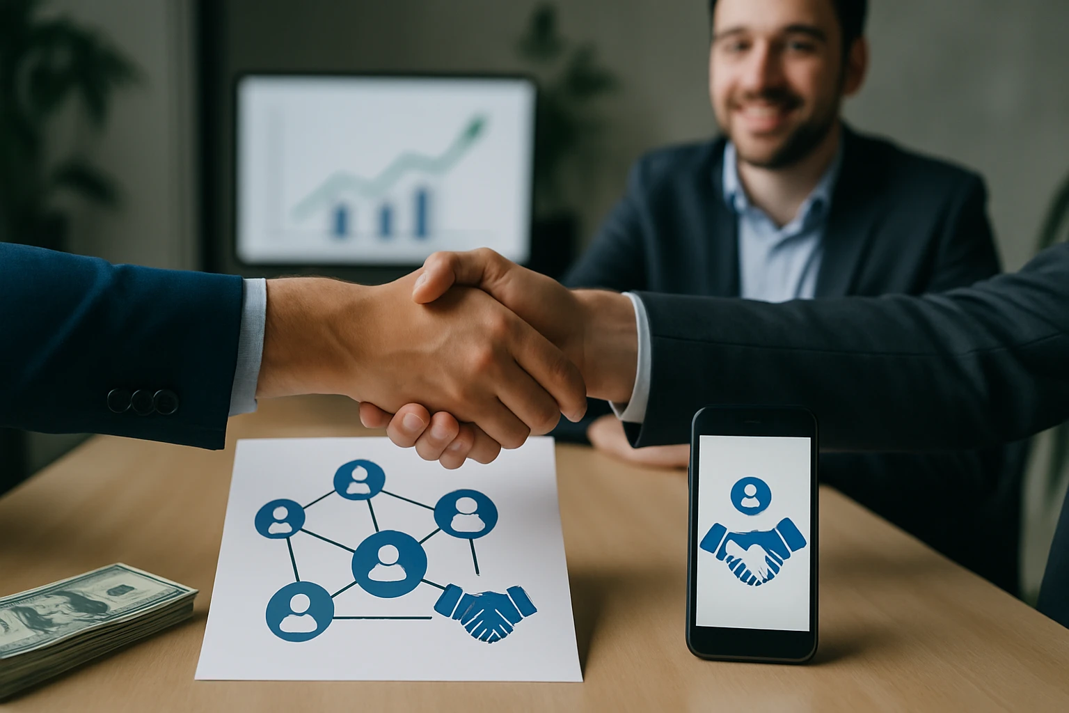 Dve ruky sa podávajú pri rokovaní, háttérben graf a mobil.