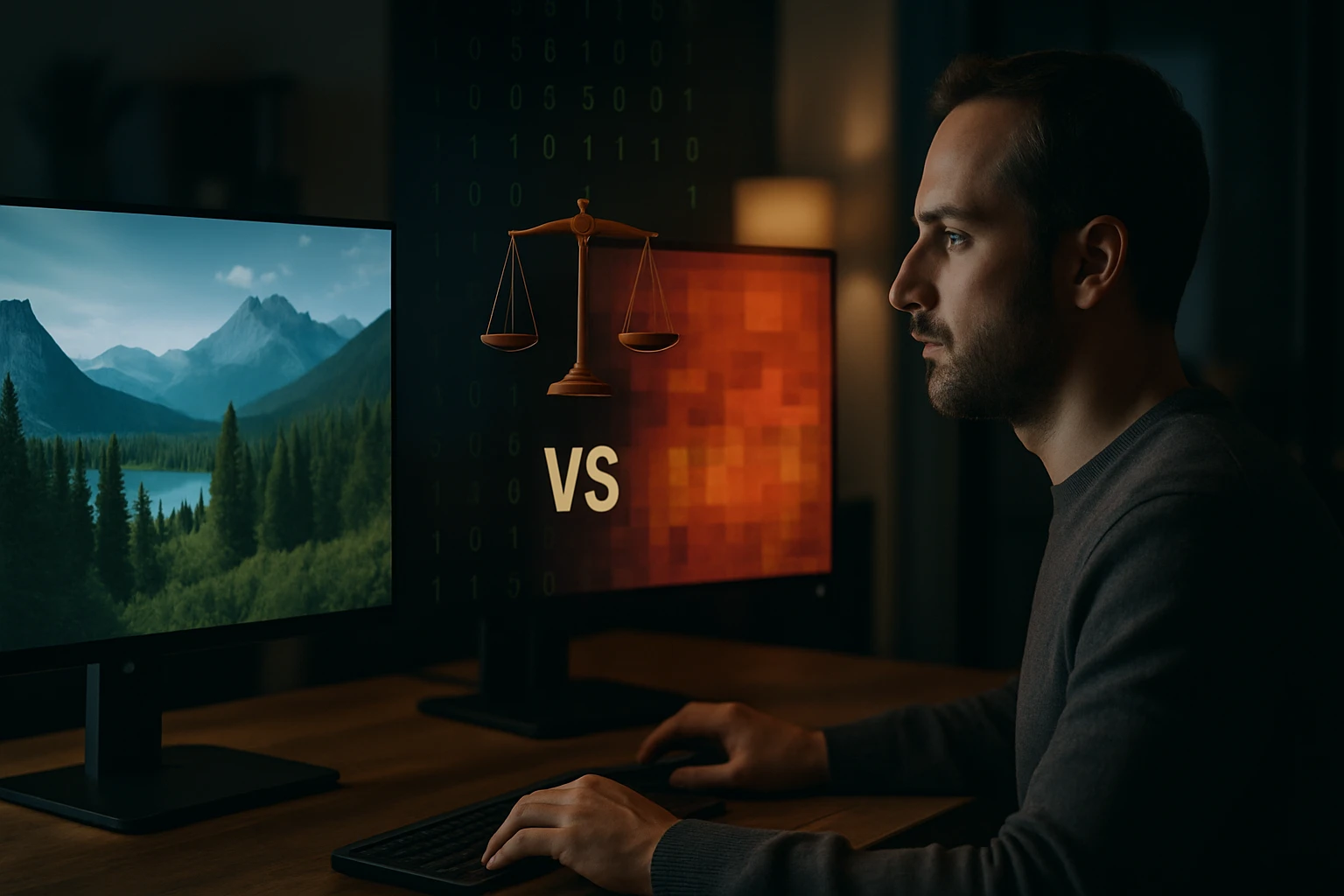 Muž sedí pred dvoma obrazovkami, jedna zobrazuje prírodu, druhá digitálne dáta.