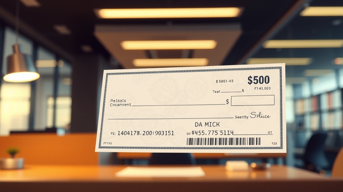 Na stole visí šek v hodnote 500 dolárov s nečitateľnými údajmi.