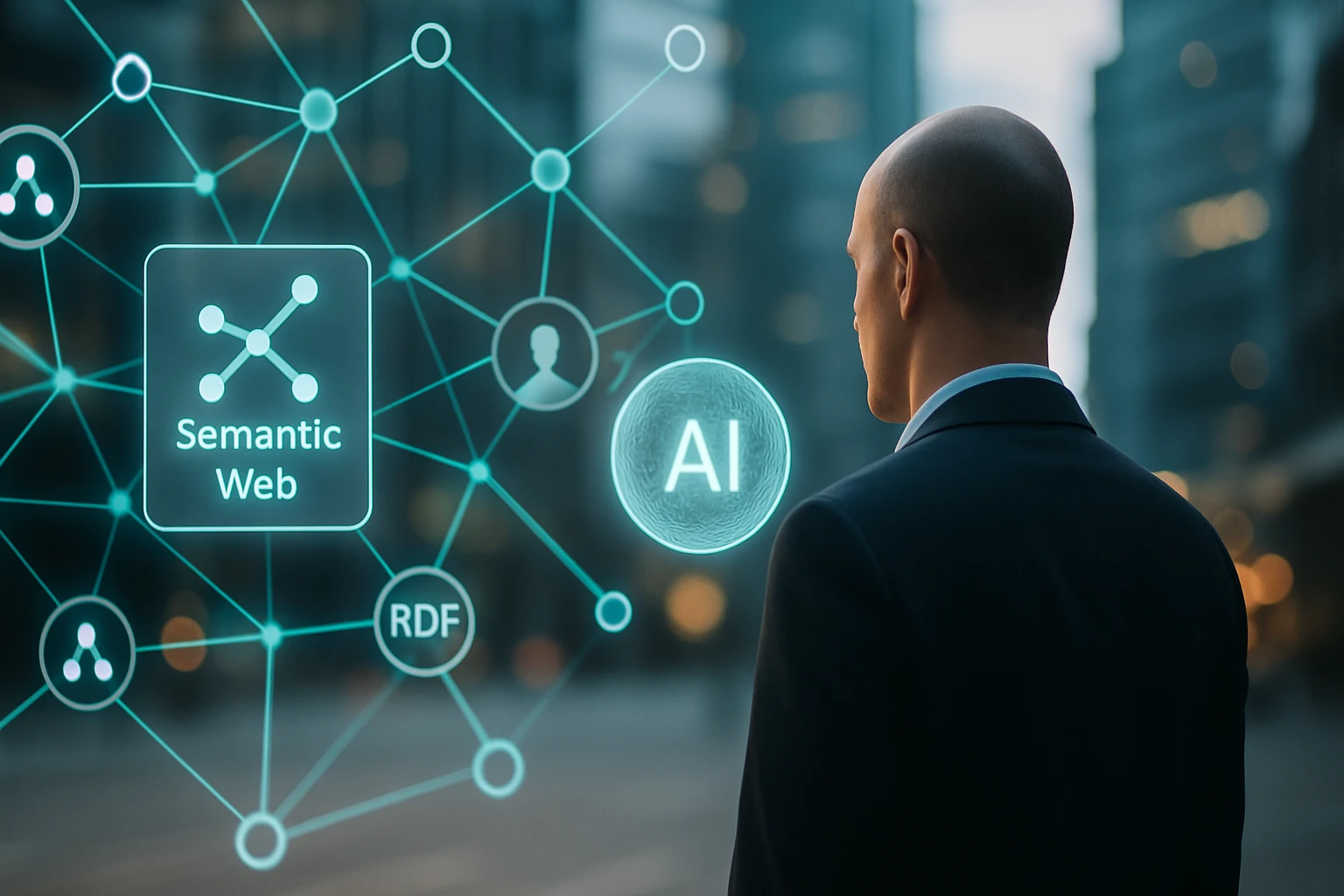 Muž v obleku sleduje vizualizáciu konceptu semantického webu a AI.