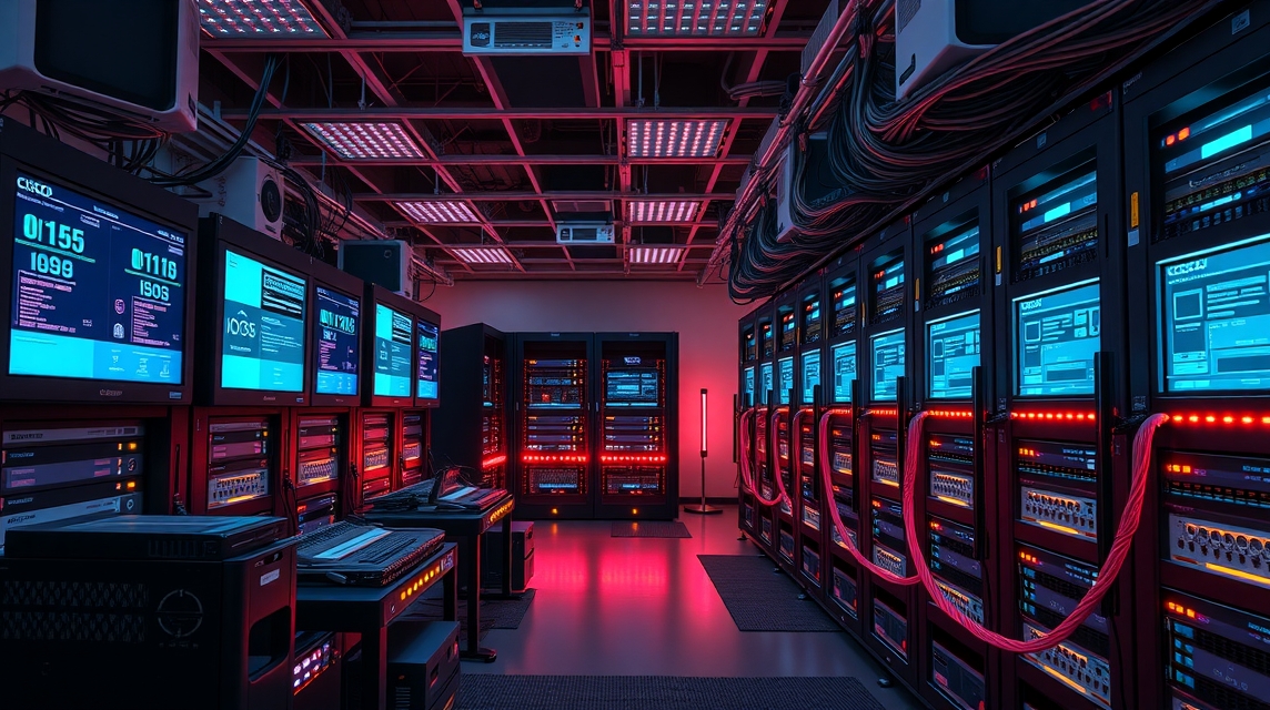 Moderná serverová miestnosť s viacerými monitormi a technológiou.