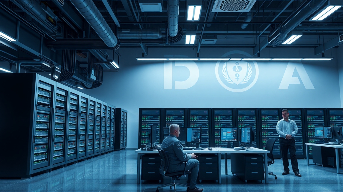 Moderná serverová miestnosť s dvoma pracovníkmi a množstvom serverov.