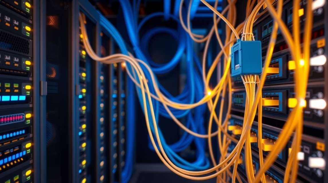 Detailný pohľad na serverovú miestnosť s prepletenými káblami a blikajúcimi LED diódami.
