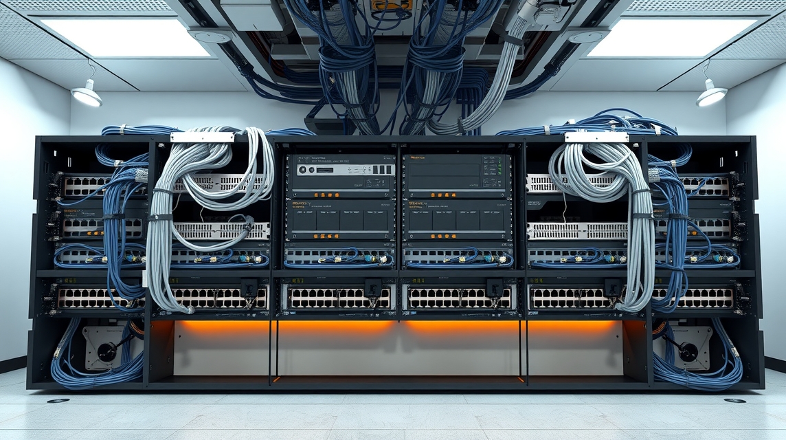 Moderný serverový rack s množstvom káblov a sieťových zariadení.