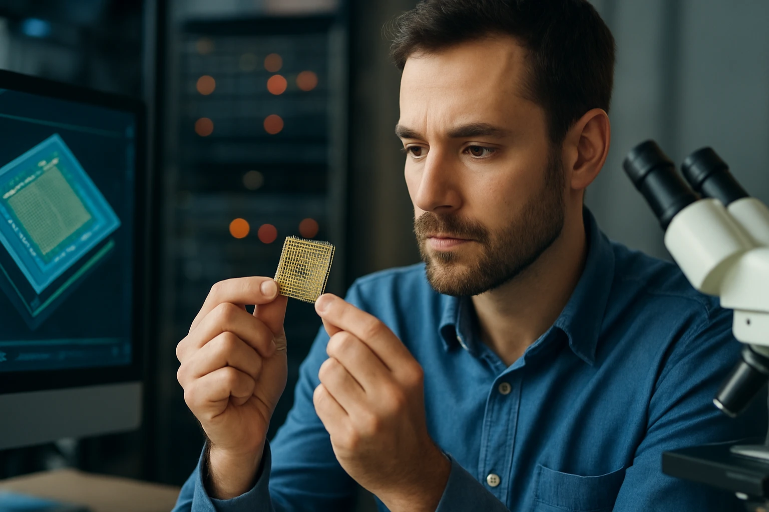 Muž drží v ruke procesor a skúma ho s vážnym výrazom tváre.
