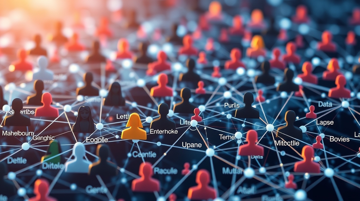 Abstraktná vizualizácia prepojených postáv, reprezentujúcich sociálne siete.