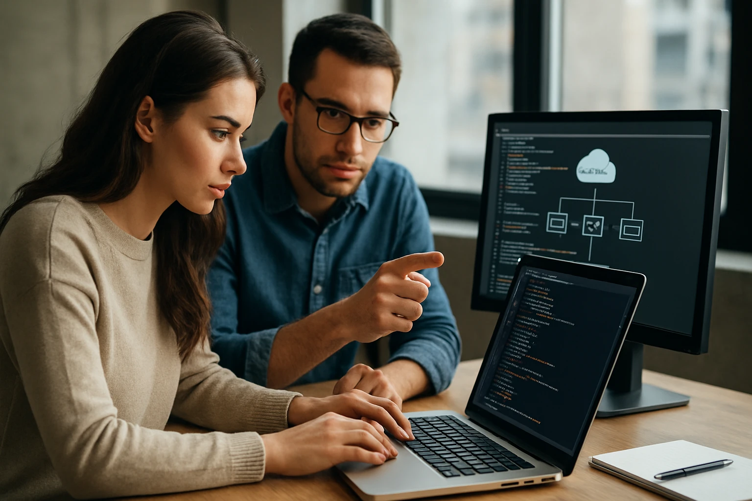 Mladý pár, ktorý spolu programuje a diskutuje o kóde na laptopoch.