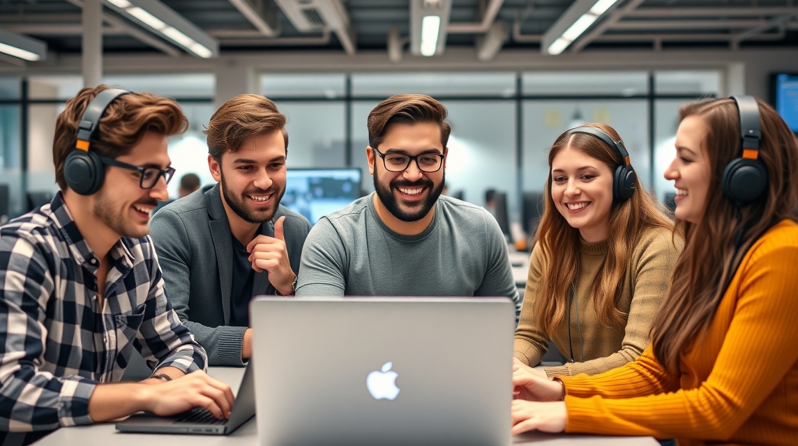 Skupina piatich mladých ľudí sedí pri stole a sleduje laptop.