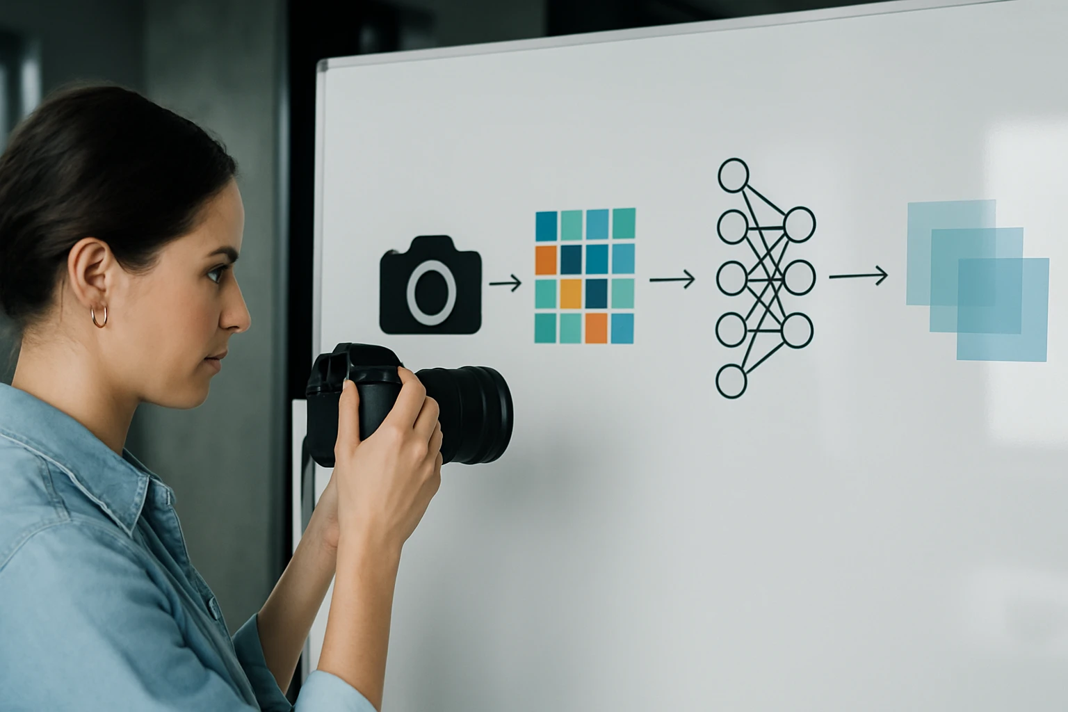 Žena s fotoaparátom pred tabuľou, ktorá znázorňuje proces spracovania obrázkov.