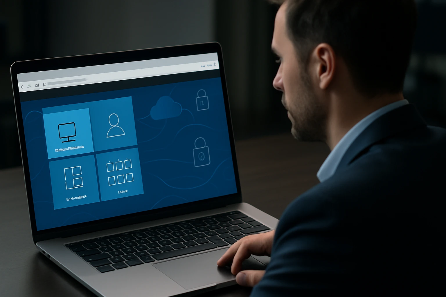 Muž sedí pred laptopom, na obrazovke sú ikony pre správu a zabezpečenie.