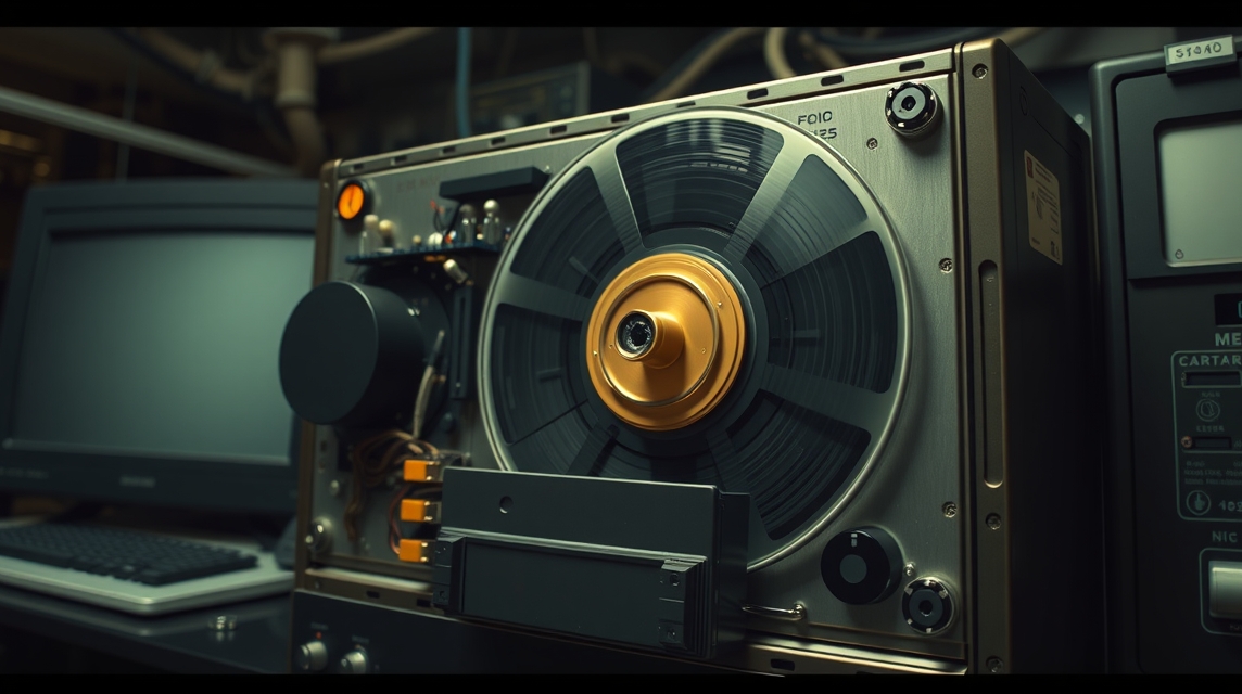 Detailný pohľad na starý magnetofón s cievkou a elektronickými komponentmi.