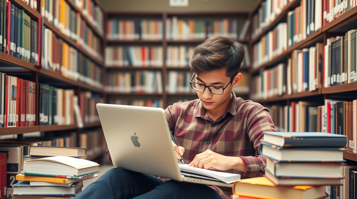 Mladý muž sedí v knižnici, píše poznámky a používa laptop.