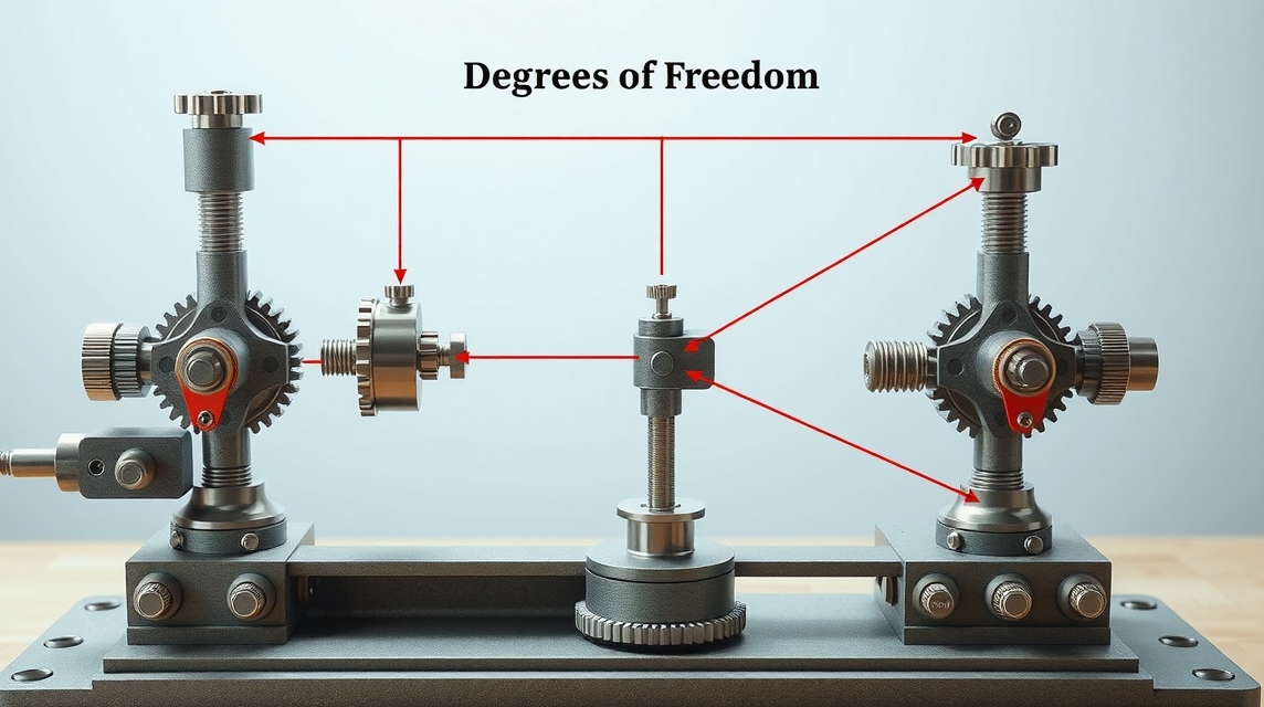 Mechanizmus s ozubenými kolesami a nastavovacími prvkami znázorňujúci stupne voľnosti.