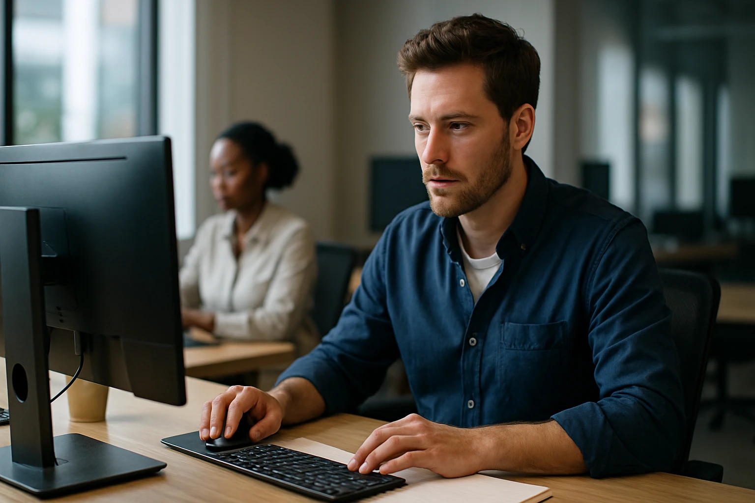 Muž pracuje na počítači v kancelárii, sústredený na obrazovku.