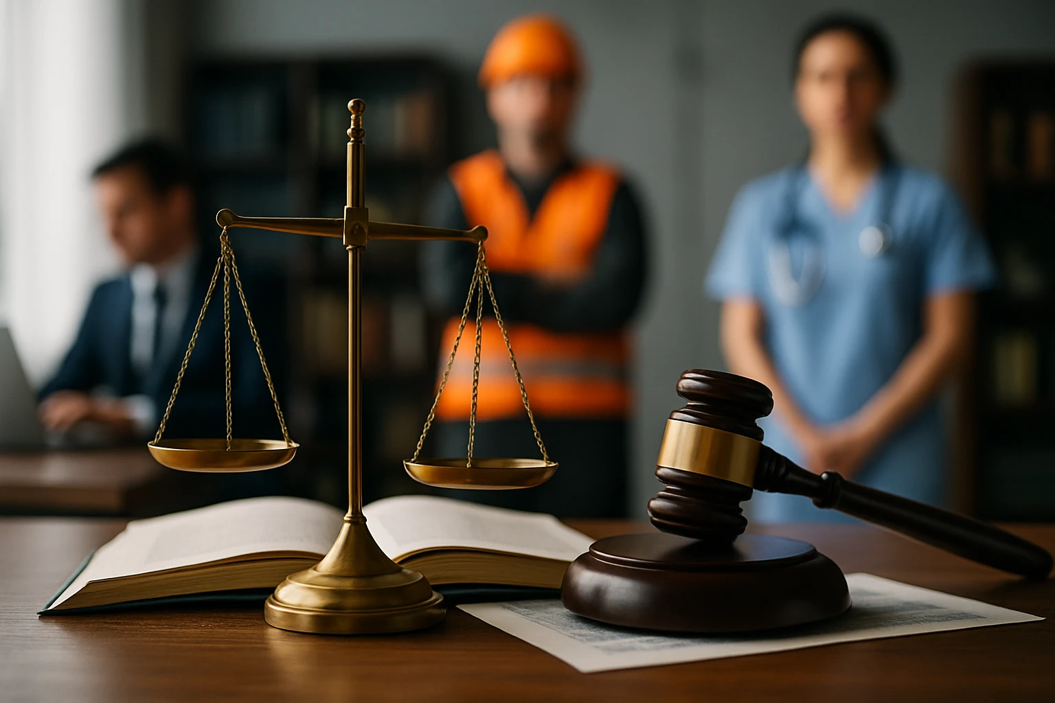 Na stole sú váhy spravodlivosti, kladivo a otvorená kniha, v pozadí sú pracovníci v uniformách.