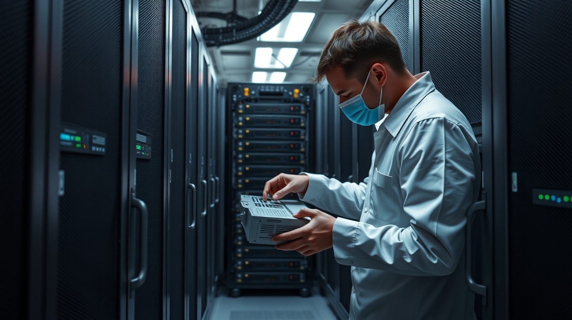 Mladý technik kontroluje server v dátovom centre s ochrannou maskou.