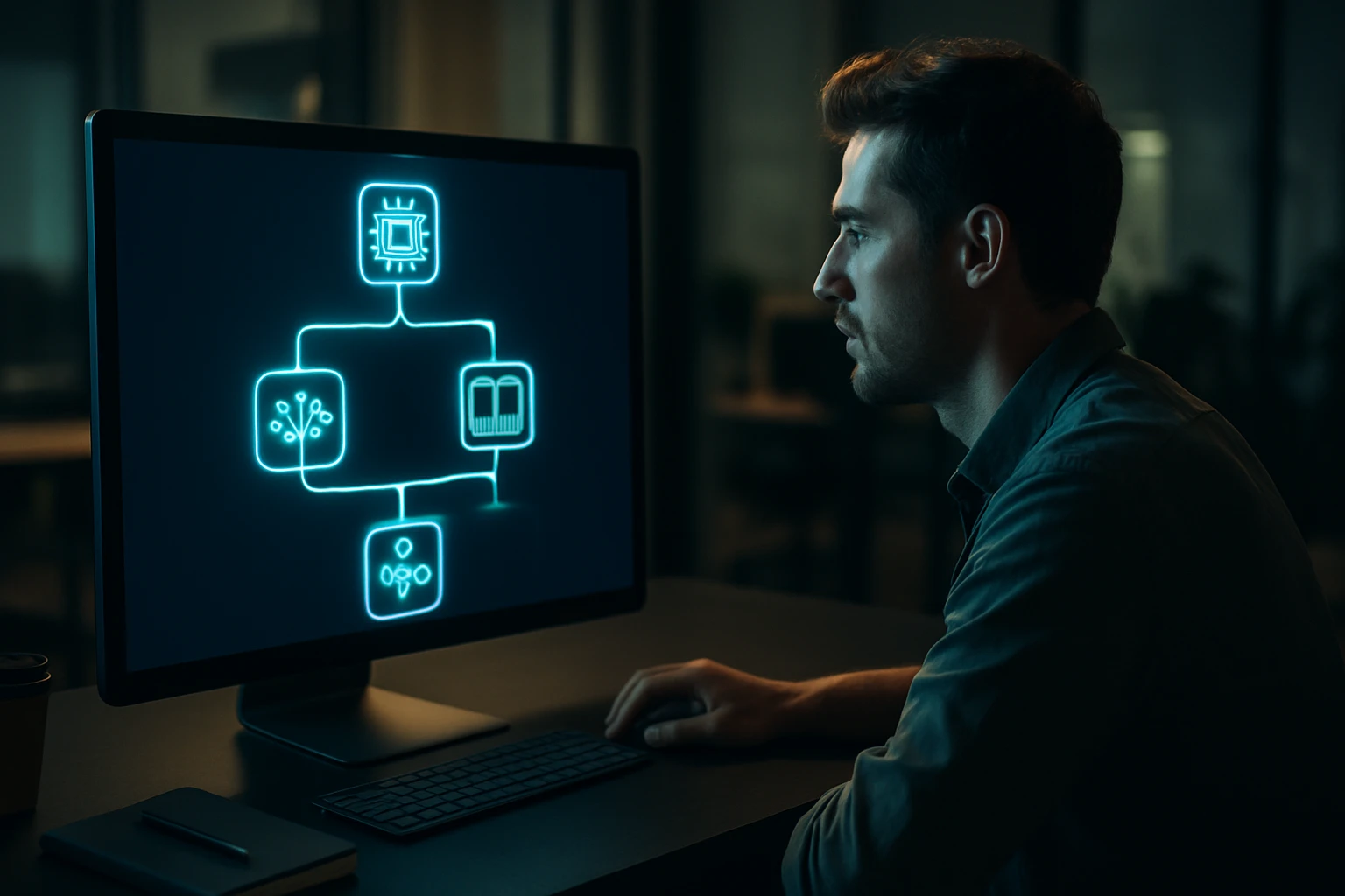 Muž sedí pred počítačom, sleduje grafické znázornenie technológie.