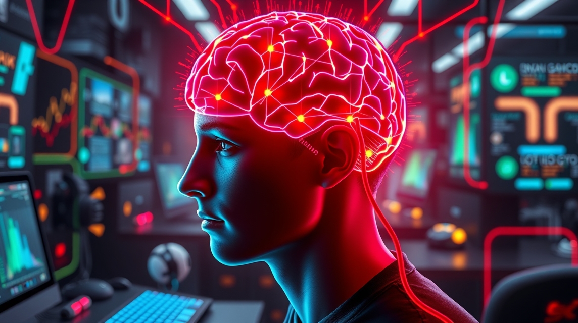 Profilový pohľad na muža s osvetleným mozgom a technológiou v pozadí.