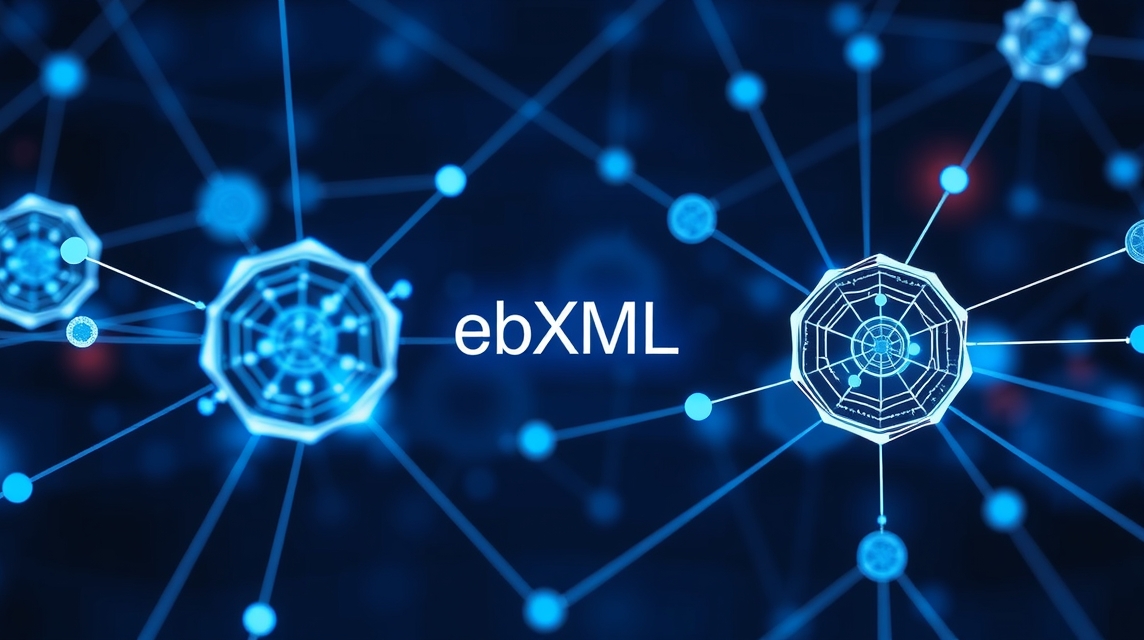Moderne grafika znázorňujúca technológiu ebXML s modrými uzlami a sieťovými spojeniami.