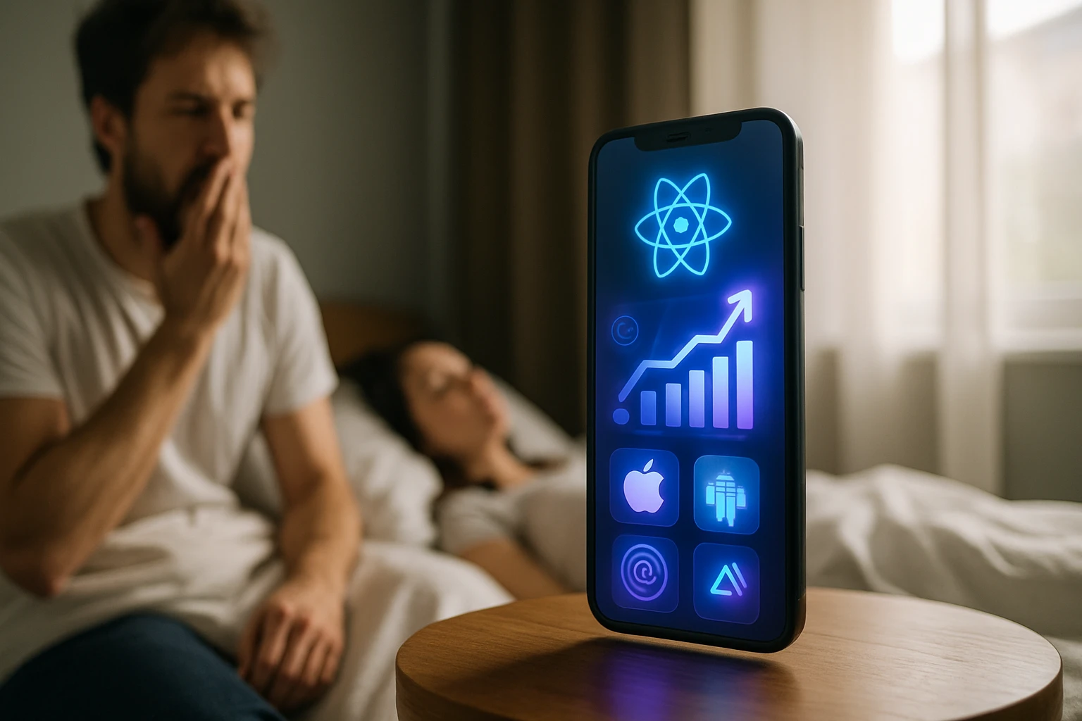 Muž s unaveným výrazom sedí na posteli, mobil s grafmi a ikonami a nő fekszik mellette.